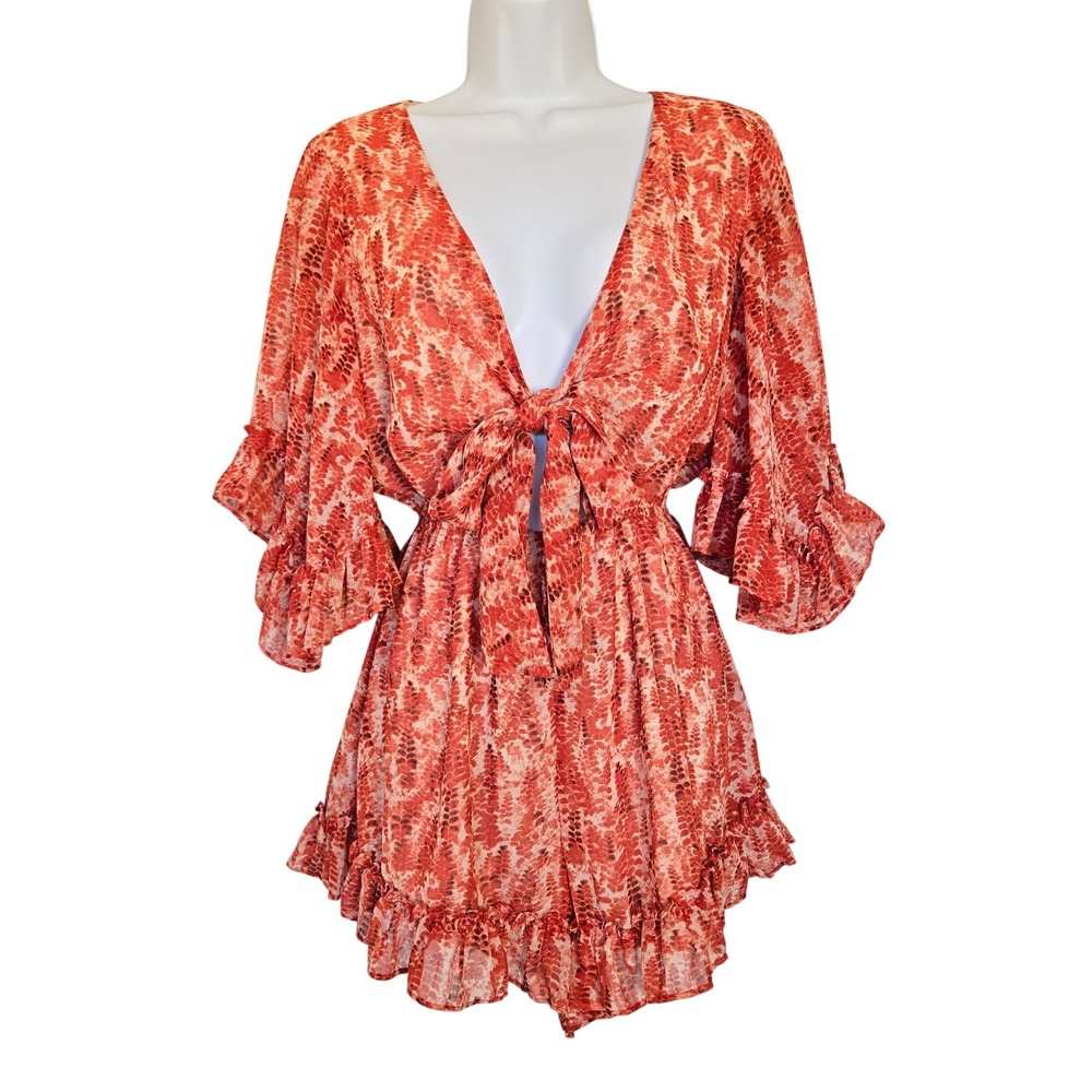Saints + Secrets Rust Snake Print Ruffle Tie Front Romper Size XS Boho Festival - Picture 2 of 9